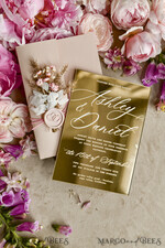 HOCHZEITS EINLADUNGEN Plexiglas Acrylspiegel Gold Spiegel Acryl Hochzeitseinladungen – Luxuriöse Plexiglas Hochzeitseinladung Suite mit Wachssiegel & QR RSVP23
