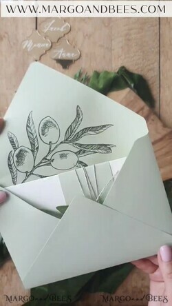 HOCHZEITS EINLADUNGEN Moderne Einladungen Florale Karten Natürliche Oliven Hochzeitskarten, elegante einfache Hochzeitskarten-Set, griechische Hochzeitsstationery, natürliche Oliven luxuriöse Hochzeitskarten Wachs Kupfer9