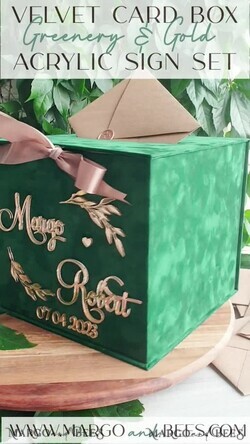 KARTONBOXEN  
 Samtkartenboxen Geschenkkartenbox & Bogen-Schild-Set, Samtgrünes Hochzeitswunschbrunnen-Geschenkkartenbox, Personalisierte Hochzeitskartenbox, Grünluxus22