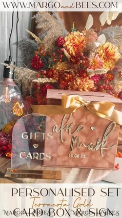 KARTONBOXEN  
 Samtkartenboxen Terracotta Fall Card Box und Arch Acrylkarten & Geschenkschilder, Samt Rost Hochzeit Kartenbox mit Deckel, verbrannte Orange Hochzeitsgeldbox, Kupfer Hochzeitskartenbox Karten und Geschenke Arch Acrylschild Set18