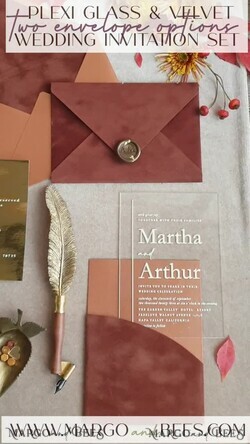 HOCHZEITS EINLADUNGEN Gold / Roségold / Silber / Glitzer Maßgeschneiderte Terrakotta-Hochzeitseinladungen, Boho Pocket Acryl-Hochzeitseinladungen, Rust- und Goldsammlung aus Samt-Hochzeitseinladungen, Burnt Orange Hochzeitseinladungen.17