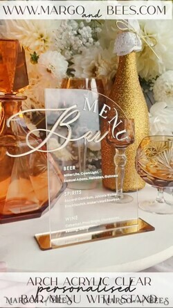 TISCHDEKORATIONSCHILDER   Acryl Tischdekoration Zahlen Acrylbogen Bar Menü, klare Acryl- und Goldschrift, goldene Plexi 3D-Buchstaben, klare Acrylschilder, luxuriöse Hochzeits Tischdekoration, Hochzeitsschild Gold Getränkebar Menü.14