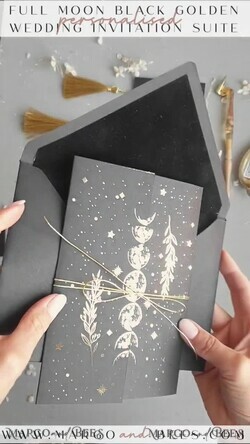 HOCHZEITS EINLADUNGEN Gold / Roségold / Silber / Glitzer Halloween-Mondphasen-Hochzeitseinladungen-Set, schwarze Einladungen, gruselige Halloween-Einladungen, gothische Hochzeitseinladungskarten, Skelett-Hochzeitsset in Schwarz und Gold.31