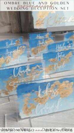 PLATZKARTEN / TISCHKARTEN  
 Acrylgold klar / Holz 3D Moderne Ombre Himmelblau Acryl Platzkarte, Hochzeitsplatzkarten, Königsblaue Namenskarten Premium, Transparente Acryl Sitzkarte, Bemalte Luxus Escortkarten14
