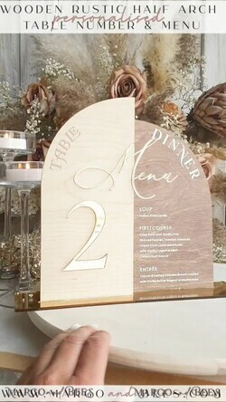 TISCHDEKORATIONSCHILDER   Holz Eco Rustikale Tischnummern Rustikales Holzbogen Tischnummer & Abendessen Menü Kombination, Holz & Acryl gold Schild, Gold Scheune Plexi Tischnummern & Menü Kombination Rustikal Boho Hochzeit Tischdekoration, Hochzeitsbeschilderung Goldener Spiegel Tischnummern & Menü16