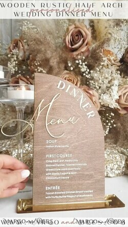TISCHDEKORATIONSCHILDER   Holz Eco Rustikale Tischnummern Rustikales Holz-Halb-Bogen Dinner-Menü, Holz- und Acrylgold Tischschild, Goldene Scheunen-Plexi Hochzeitsmenü-Kombination Rustikales Boho Hochzeits-Tischdekor, Hochzeitsbeschilderung Goldener Spiegel Tischmenüs9