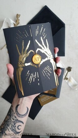 HOCHZEITS EINLADUNGEN Gold / Roségold / Silber / Glitzer Halloween Gold HochzeitsEinladungen, Schwarzes Glanz-Acryl Einladungsset, Gruselige Plexi Einladungen Goth HochzeitsEinladungskarten, Goldene Skelett HochzeitsSet36