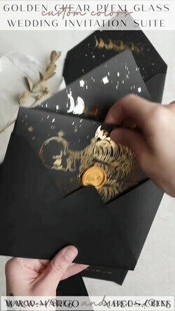 HOCHZEITS EINLADUNGEN Gold / Roségold / Silber / Glitzer Halloween Gold Hochzeits Einladungen, Schwarz und Gold Acryl Einladung Set, Mond Tarot Hochzeits Einladungskarten, Gold Skelett Hochzeits Set11