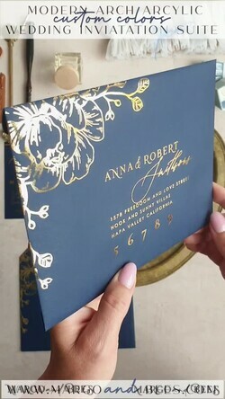 HOCHZEITS EINLADUNGEN Gold / Roségold / Silber / Glitzer Marineblaue Goldbogen-Hochzeitskarten, Plexi-Taschen-Velours-Hochzeitskarten, Dunkelblaue Gold-Hochzeitseinladungen, Elegante Hochzeitskarten33