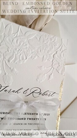 HOCHZEITS EINLADUNGEN geprägte Einladungen Fein kunstgeprägte blinde Elfenbein Gold Hochzeitskarte, goldene geprägte Rosen florale Hochzeitskarte, Boho Ecru geprägte Einladungskollektion, Baumwollpapier Hochzeitskarte Sammlung, gezackte Einladungen, gerissene Kanten Hochzeitskarten golden.10